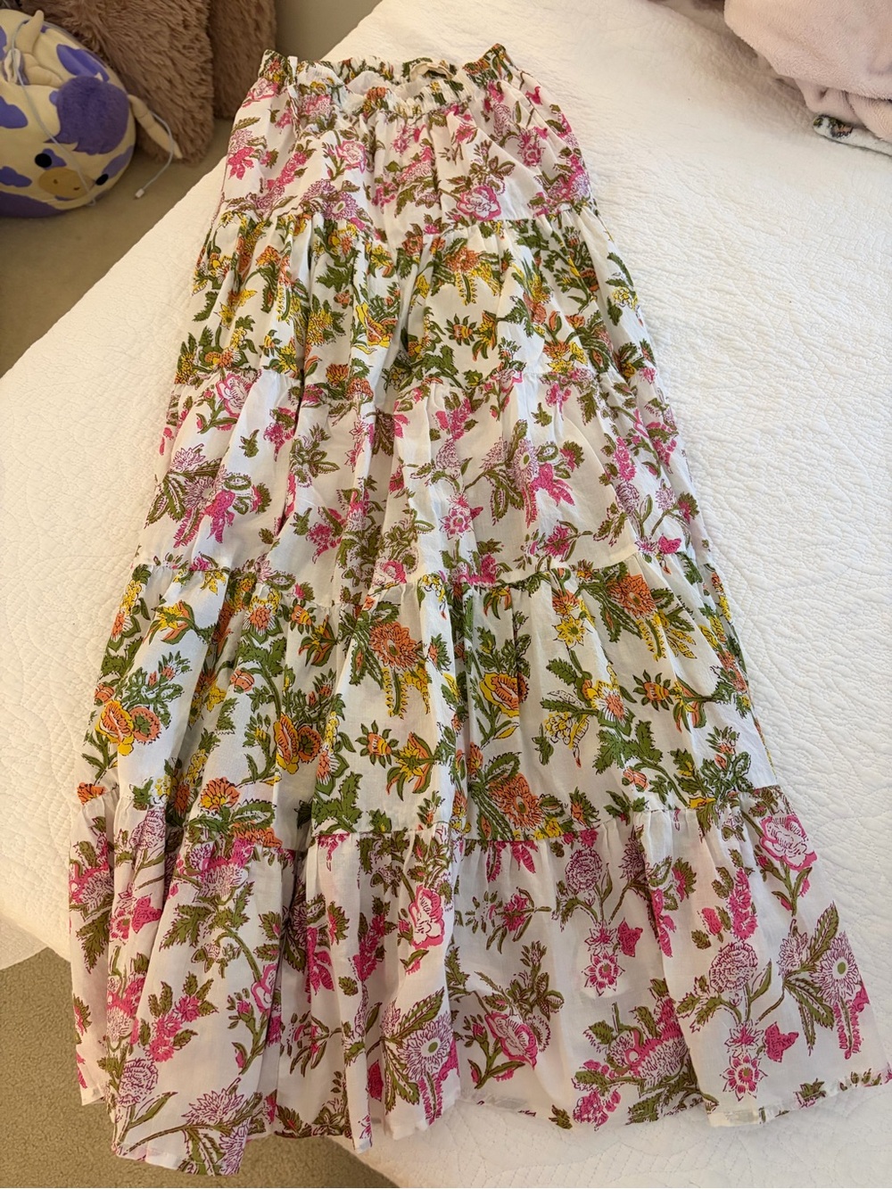 Princess Polly White Tiered Maxi Skirt with Pink & Green Floral Design